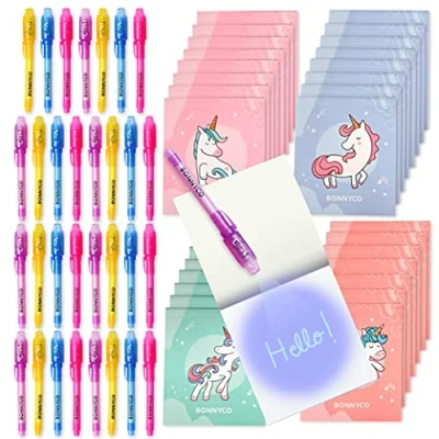 Abbildung von BONNYCO UV Stift und Notizbuch, 32 Stück Einhorn Mitgebsel Kindergeburtstag Mädchen &amp; Jungen Gastgeschenke, Adventskalender Kleine Geschenke für Kinder Deko