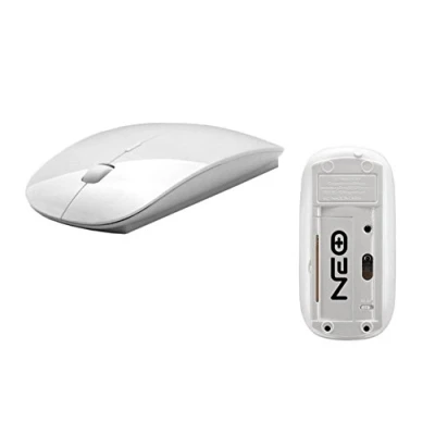 Abbildung von Slim Wireless Mini optische Maus mit USB Empfänger 2.4G für Laptops/Desktop PC XP/Vista/Windows 7 / Windows 10 Macintosh. Doppelseitiges Board weiße Farbe in Hochglanz.