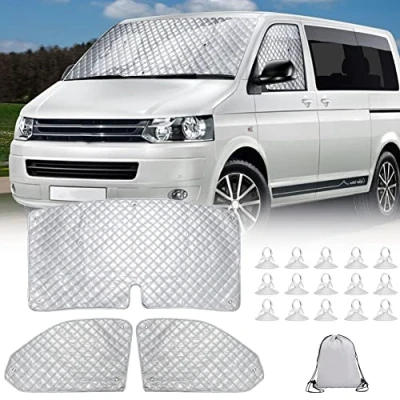 Abbildung von Sonnenschutz Auto Frontscheibe Ersatz für VW Transporter T5 T6, Faltbar Innen Frontscheibenabdeckung, interne Sonnenblende Frontscheiben Set T6