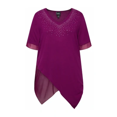 Abbildung von Ulla Popken Layered Short Sleeve Rhinestone Bluse, Damen, Größe: 46/48, Aubergine