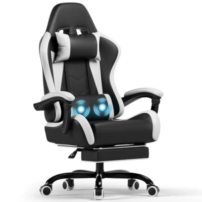 Abbildung von Devoko Massage Gaming Stuhl, Computer Bürostuhl mit Fußstütze, Racing Gamer Stuhl 150kg Belastbarkeit, 90 135 Rückenlehne einstellbar Ergonomischer PC 360 drehbar, Weiß