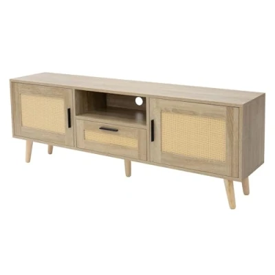 Abbildung von ML Design TV Schrank 140x50,5x30 cm Eiche Optik, Fernsehtisch mit 2 Türen, Schublade, Ablage, Board Rattanfront, Massivholzfüße, Lowboard für Wohnzimmer, Fernsehschrank Fernseher bis 65 Zoll