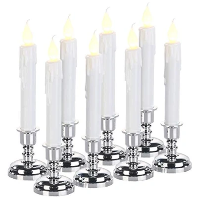 Abbildung von Britesta LED Kerzen mit Ständer: 8er Set Stabkerzen silbernem Kerzenständer, flackernde Flamme (Dinnerkerzen, Haushaltskerzen, Tischleuchte Batterie)