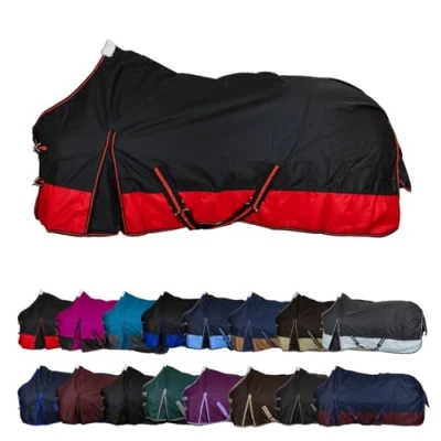 Abbildung von RL24 Winterdecke Weidedecke 600D Basicline atmungsaktive, Wind &amp; wasserdichte Outdoordecke mit Innenfutter Kreuzbegurtung Pferdedecke in Schwarz/Rot 105cm (100g/m² Füllung)