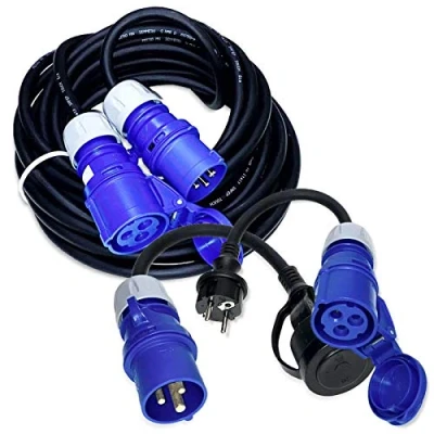 Abbildung von IntuiFlex CEE 230V Camping Kabel Set 10m Gummiverlängerung/Stromkabel + 2x Adapter H07RN F 3G2,5 IP44 3x2,5 mm 16A Schuko Stecker auf Kupplung Schutzkontakt Steckdose