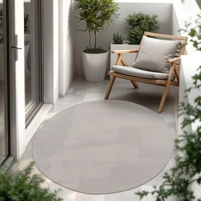 Abbildung von Paco Home Outdoor Teppich Wetterfest Wohnzimmer Balkon Küchenteppich Flachgewebe Sisaloptik Meliert Einfarbig, Grösse:200 cm Rund, Farbe:Elfenbein
