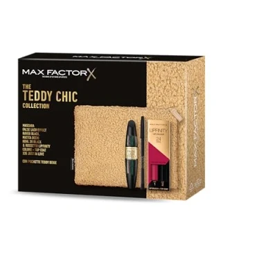 Abbildung von Max Factor, Geschenkbox für Damen Teddy Chic, Tasche aus Morbito Stoff mit Mascara False Lash Effect Raven Black + Augenstift Khol Kajal 20 Lippenstift Lipfinity 335 Just In Love