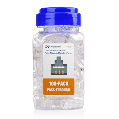 Abbildung von Cable Matters 100er Pack Cat 6 RJ45 Stecker Passthrough (Pass Through RJ45, LAN Stecker, Cat6 Netzwerk stecker,) für Volldraht oder verseilte UTP Kabel