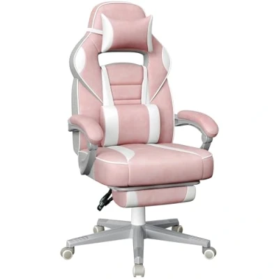 Abbildung von SONGMICS Bürostuhl, Gaming Stuhl, verstellbar, Teleskop Fußstütze, Wippmechanismus, Kopfstütze, Lendenwirbelstütze, Belastung 150 kg, Bonbonrosa und cremeweiß OBG073P01