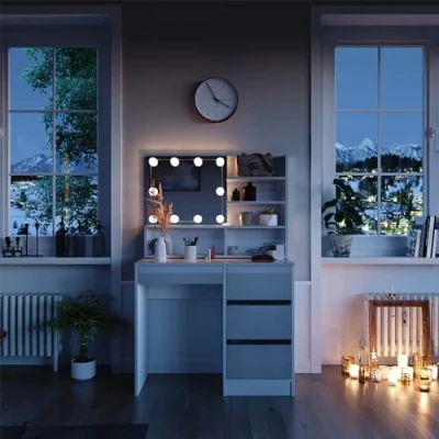 Abbildung von Vicco Schminktisch Sherry, Weiß Hochglanz, 90 cm mit LED Beleuchtung, und Spiegelregal