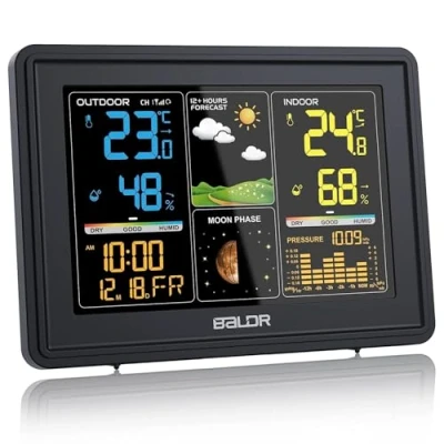 Abbildung von BALDR Wetterstation Funk mit Außensensor, Digital Farbdisplay DCF Funkuhr Innen und Außen Thermometer Hygrometer, Funkwetterstation Wettervorhersage, Barometer Mondphase, Netzteil