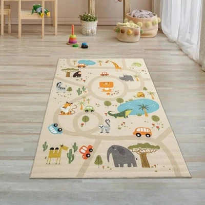 Abbildung von Teppich Traum Kinderteppich Kinderzimmer Spielteppich Spielmatte Safari Straßenteppich Läufer rutschfest beige 80 x 150 cm