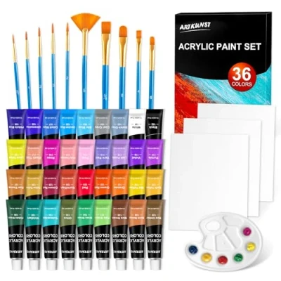Abbildung von Acrylfarben Set 36x12ml mit 10 tlg. Pinsel, wasserfest und lichtecht, ungiftig, Set, ideal für Leinwand, Papier Stoffe, Geschenke Weihnachten andere Feiertage