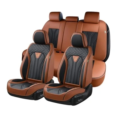 Abbildung von FLORICH Autositzbezüge Leder Vorder und Rücksitzbezüge, 5 Stück, komplettes Set, universell passend für die meisten Autos, Limousinen, SUVs LKWs, braun