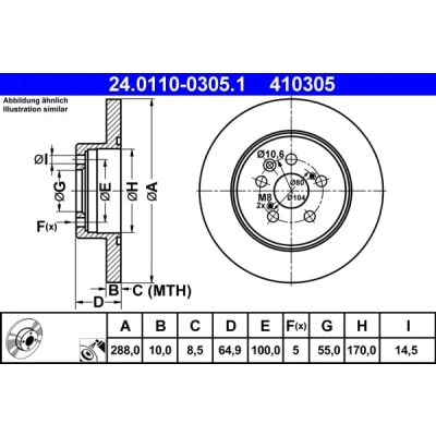 Abbildung von ATE 24.0110 0305.1 Bremsscheibe 288,0 10,0 5 100,0 voll beschichtet TOYOTA: Avensis I Kombi, Liftback, Limousine