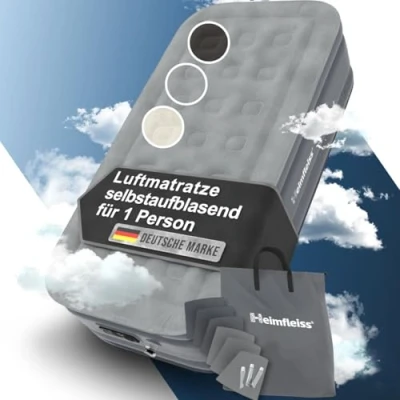 Abbildung von Heimfleiss® Luftmatratze 1 Person Premium Luftbett selbstaufblasend 100x200 cm Schnell Aufblasbare Matratze ideal nutzbar als Gästebett &amp; Reisebett Selbstaufblasbare Camping Air Mattress + Pumpe