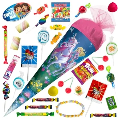 Abbildung von OYOY 35cm Schultüte gefüllt mit Süßigkeiten Mix I ROTH Magische Einhornreiterin kleine fertig Geschwister Kindergartentüte