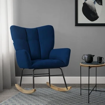 Abbildung von ML Design Schaukelsessel Dunkelblau, Schaukelstuhl Frottee Optik Bezug, Gepolsterter Schwingsessel mit Holzkufen, Relaxsessel Armlehnen für Wohnzimmer/Schlafzimmer/Balkon, Relaxstuhl Ohrensessel