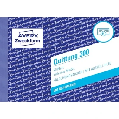 Abbildung von AVERY Zweckform 300 Quittungsblock (A6 quer, 50 Blatt, 1 Blatt Blaupapier, fälschungssicherer Dokumentendruck, für Beträge unter 250 inkl. MwSt., DE/AT) weiß