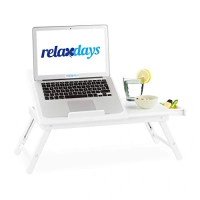 Abbildung von Relaxdays Bambus Laptoptisch, höhenverstellbarer Laptopständer für Bett und Sofa, mit Schublade, HBT: 24x60x35cm, weiß, 100, Größe