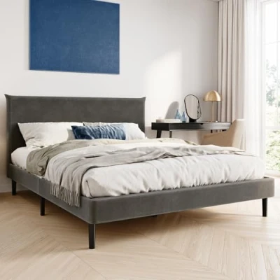 Abbildung von Bett 160x200 und cm, Polsterbett mit Lattenrost, Bettgestell, Doppelbett weichem Cordbezug gepolstertem Kopfteil, robustes Gestell, hoher Liegekomfort Grau cm