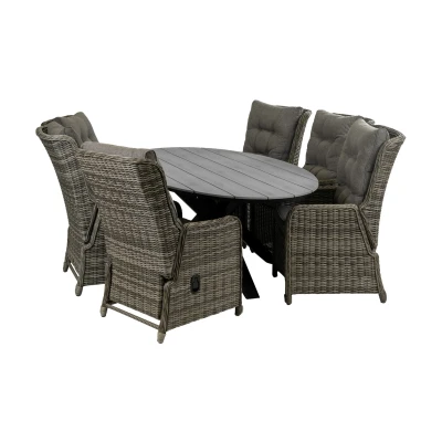 Abbildung von 7 teilige Gartengarnitur oval &amp; verstellbar 220 cm, Rattan, Sweet Brown Polywood, Holzlook Dublin / Limasol 4 Jahreszeiten Gartenmöbel