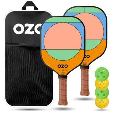 Abbildung von OZO Pickleball Set mit 2 Schlägern + 4 Bällen Tasche Spark Energia Ritmo (Power Schläger für fortgeschrittene Anfänger) Injektionsbälle (2xIndoor+2xOutdoor) USAPA Zugelassen