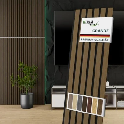 Abbildung von HEXIM Akustikpaneele Holz 140x30cm Grande 10er Set (4,192m²) Holzpaneele Wandpaneele 21mm Schalldämmung MDF Akustikfilz Wandverkleidung Braun Smoked Oak