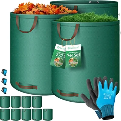 Abbildung von KESSER® Gartensack 9X 272L Set Laubsack Gartenabfallsack inkl. Handschuhe Selbststehend 4 Griffe Stabil Robust &amp; Faltbar Laubsäcke Rasenschnitt Gartensäcke für Gartenabfälle Grünschnitt Grün
