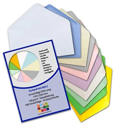 Abbildung von 100 Brief Umschläge Farbenmix Paket 2 DIN Lang 110 x 220 mm (11 22 cm) Nassklebung ohne Fenster Ideal für Einladungs Karten Serie FarbenFroh