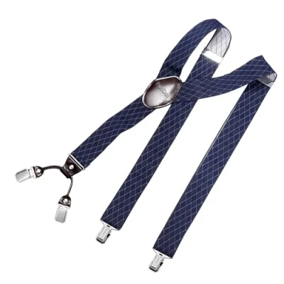 Abbildung von DonDon Hosenträger Herren extra stark 3,5 cm breit mit 4 Clips in Y Form und braunem Leder Patch, Raute Blau