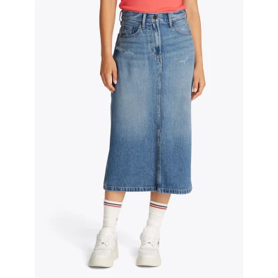 Abbildung von Tommy Jeans Claire MIDI Skirt Jeansrock, Damen, Größe: 26, Denim light
