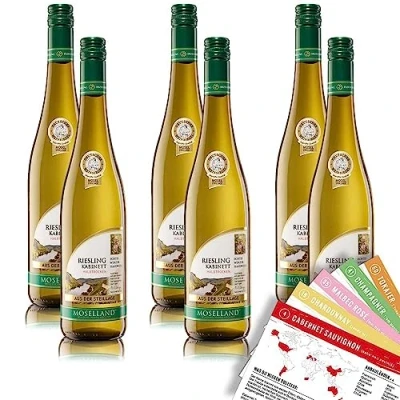 Abbildung von Moselland Riesling Kabinett Steillage, halbtrocken, sortenreines Weinpaket + VINOX Winecards (6x0,75l)