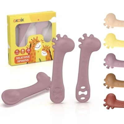 Abbildung von akolik Esslernlöffel für Baby, Weiche Silikon Breilöffel, Lernlöffel, BPA frei, Babylöffel BLW, Giraffen Einsteiger Besteck, Fütterlöffel und Beißhilfe Kinder ab 4 6+ Monaten