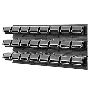 Abbildung von PAFEN Lagersystem Stapelboxen mit Deckel Wandregal 772 x 390 24 Stück Boxen Werkzeugwand Werkstattregal Schüttenregal, Schwarz