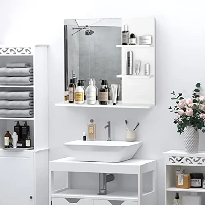 Abbildung von Badspiegel mit 3 Ablagen, Wandspiegel, Spiegelregal, Badezimmer, MDF, Weiß, 60 x 10 48 cm