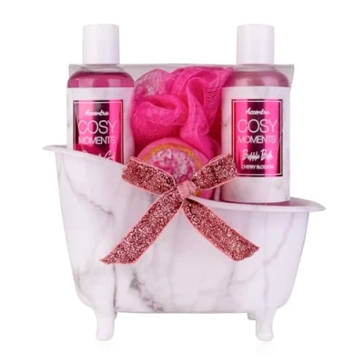 Abbildung von Accentra COSY MOMENTS Bade &amp; Duschset in pink Geschenk Set zur Entspannung für Frauen zum Geburtstag oder Weihnachten 4 Teiliges Wellness Pflegeset mit Mini Deko Badewanne