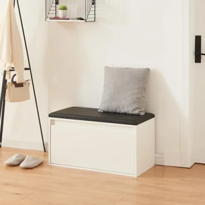 Abbildung von [en.casa] Sitzbank Degerfors mit Schublade 80 x 39 45 cm Schuhbank Schuhtruhe Sitzfläche Garderobenbank Sitzkissen Sitzkommode Schuhschrank Weiß/Schwarz