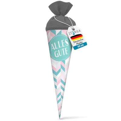 Abbildung von itenga Geschwisterschultüte 35cm Geschenkverpackung Schultüte Zuckertüte klein für Erwachsene Kinder Party (Streifen mit Text Alles Gute)