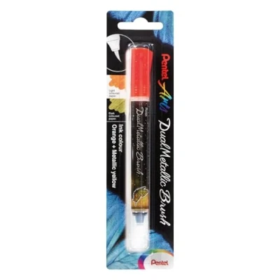 Abbildung von Pentel XGFH DFX Dual Metallic Brush Pinselstift. changierender Glitzertinte, orange/metallic gelb, 1 Stück auf Blisterkarte