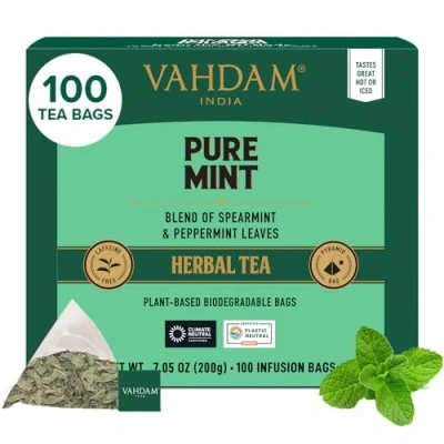 Abbildung von VAHDAM, Pure Mint Kräutertee Beutel (100 Teebeutel) Koffeinfrei 100% natürliche Zutaten Pfefferminze, Krauseminze Minzteebeutel