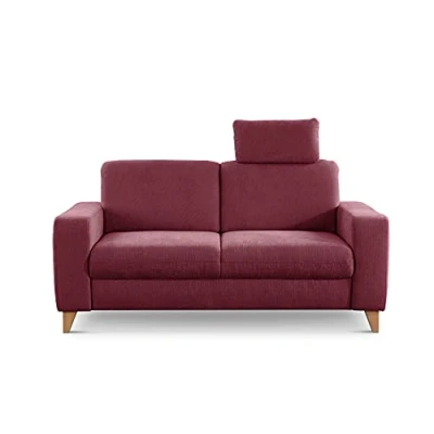 Abbildung von CAVADORE 2er Sofa Lotta / Skandinavische 2 Sitzer Couch mit Federkern, Kopfstütze und Holzfüßen 173 x 88 Webstoff, Rot