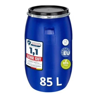 Abbildung von Garronda 85 Liter Deckelfass Weithalsfass aus HDPE Regenfass für Garten Fass Futtertonne Wasserbehälter Universalfass Wasserfass Regentonne Lebensmittelfass Wassertank GD 0078, Blau
