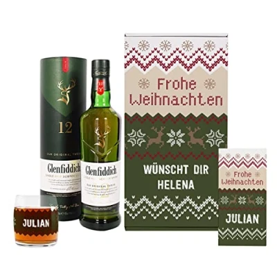 Abbildung von Herz &amp; Heim® Glenfiddich 0,7l Whisky Geniesser Set zu Weihnachten mit Schokolade und Whiskyglas in personalisierter Geschenkverpackung