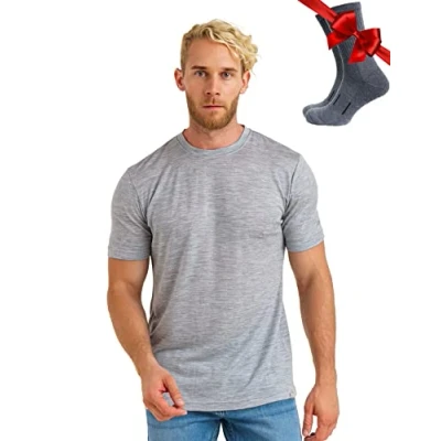 Abbildung von Merinowolle T Shirt Herren 100% Bio Unterhemd Leichte Basisschicht + Wanderwollsocken (Large, Melange Grey)