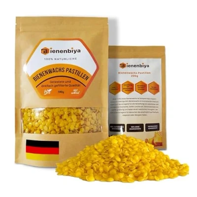 Abbildung von Bienenbiya® 100% Reine Bienenwachs Pastillen (100g) ohne Zusatzstoffe, natürliches Beeswax für Salben,Kosmetika,Seifen,Kerzenherstellung und Leder /Holzpflege