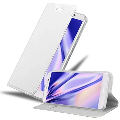Abbildung von Cadorabo Hülle kompatibel mit Huawei Mate 9 aus Premium Kunst Leder Flip Klappbare Stoßfeste Magnetische [Standfunktion] [Kartenfächern] Cover für Tasche in Silber