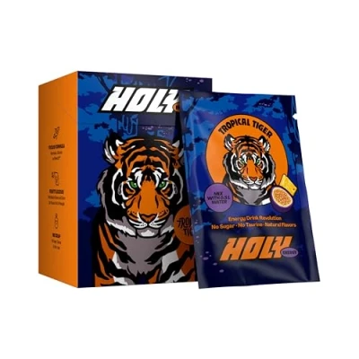 Abbildung von HOLY Energy Gaming Booster 10er Probier Box &#039;Tropical Tiger&#039; mit Maracuja &amp; Ananas Geschmack Pulver 10 Portionen NewCaff Grüntee Extrakt Focus Drink Vegan 100% natürlichen Fruchtaromen