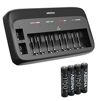 Abbildung von ABSINA Akku Ladegerät X10 für AA, AAA &amp; 9V Akkuladegerät inkl. 4X 1150 Akkus NiMH 10 Fach wiederaufladbare Micro AAA, Mignon AA Block Batterieladegerät