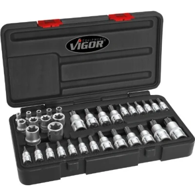 Abbildung von VIGOR V1781 Steckschlüsseleinsatz Set 34 mit Stirnlochbohrung 1/2, 1/4, 3/8 Adapter Volvo gerade für V4385 Vierkant
